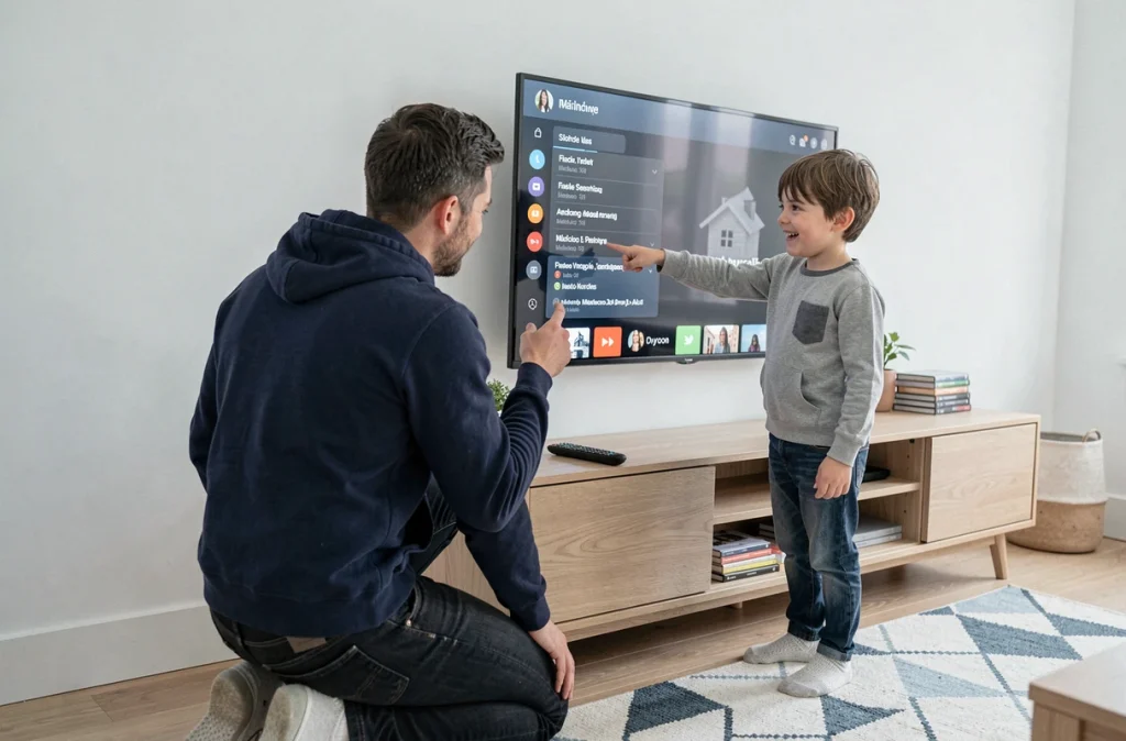 Père et enfant choisissant un film sur la télévision pour la soirée cinéma maison
