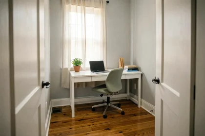 Coin bureau compact installé dans un coin de petite chambre avec bureau blanc étroit, chaise ergonomique verte et plante verte sur parquet en bois
