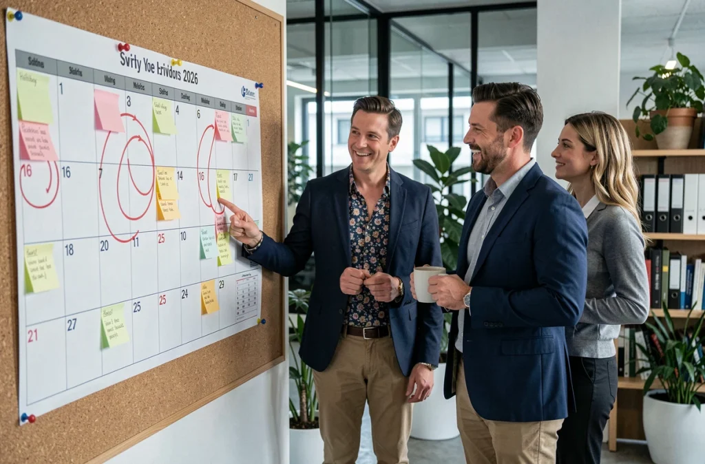 Collègues de bureau analysant un calendrier mural pour planifier les ponts et jours fériés en 2026