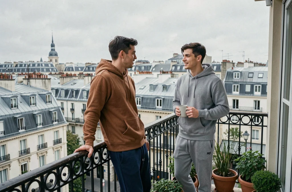 Deux colocataires discutant sur le balcon de leur appartement avec vue sur les toits d'une ville française
