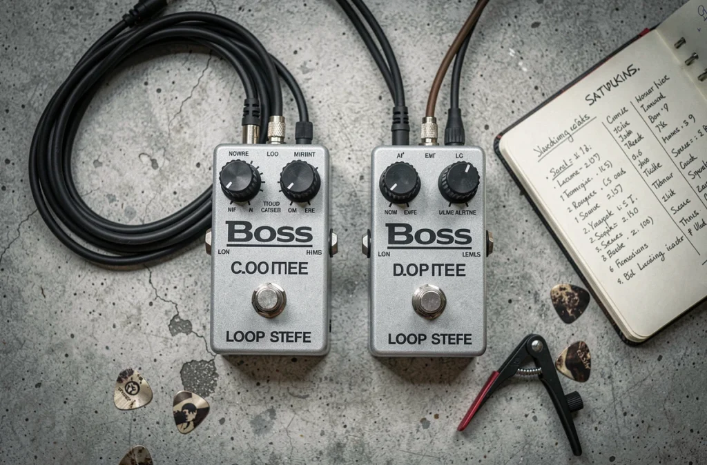 Vue de dessus de deux pédales Boss Loop Station comparées sur fond béton
