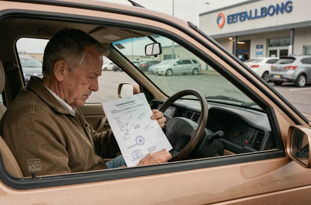 Conducteur analysant son rapport de contrôle technique dans son véhicule garé devant un centre d'inspection