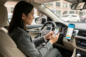 Conductrice consultant son application d'assurance auto connectée sur smartphone fixé au tableau de bord d'une citadine moderne