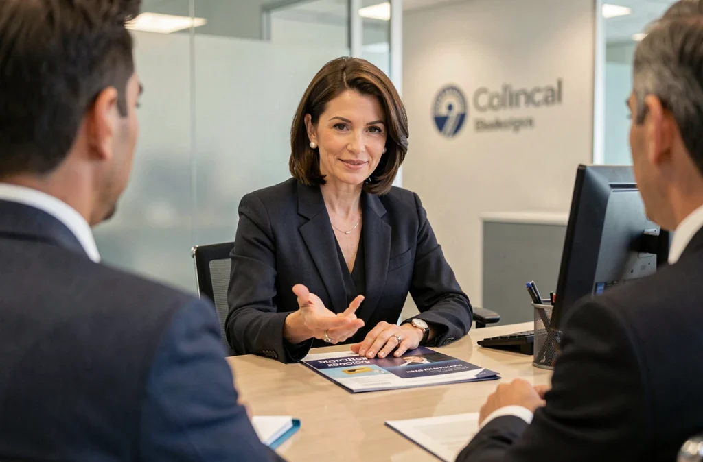 Conseillère bancaire présentant les modalités d'un compte joint à des clients en agence