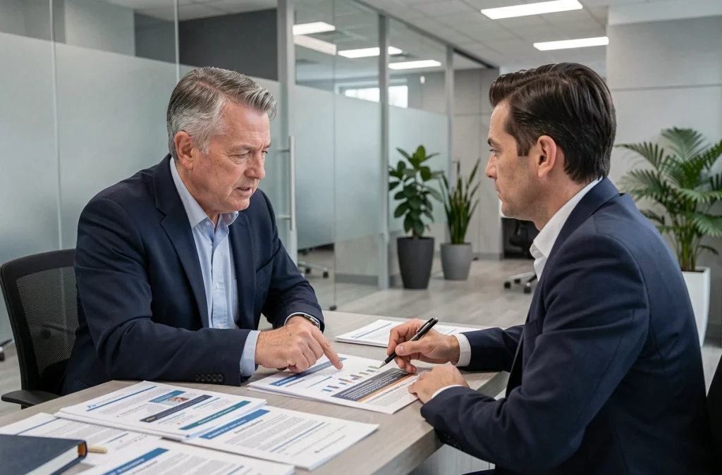 Homme en consultation bancaire avec un conseiller financier pour comprendre les différences entre livret A et livret de développement durable