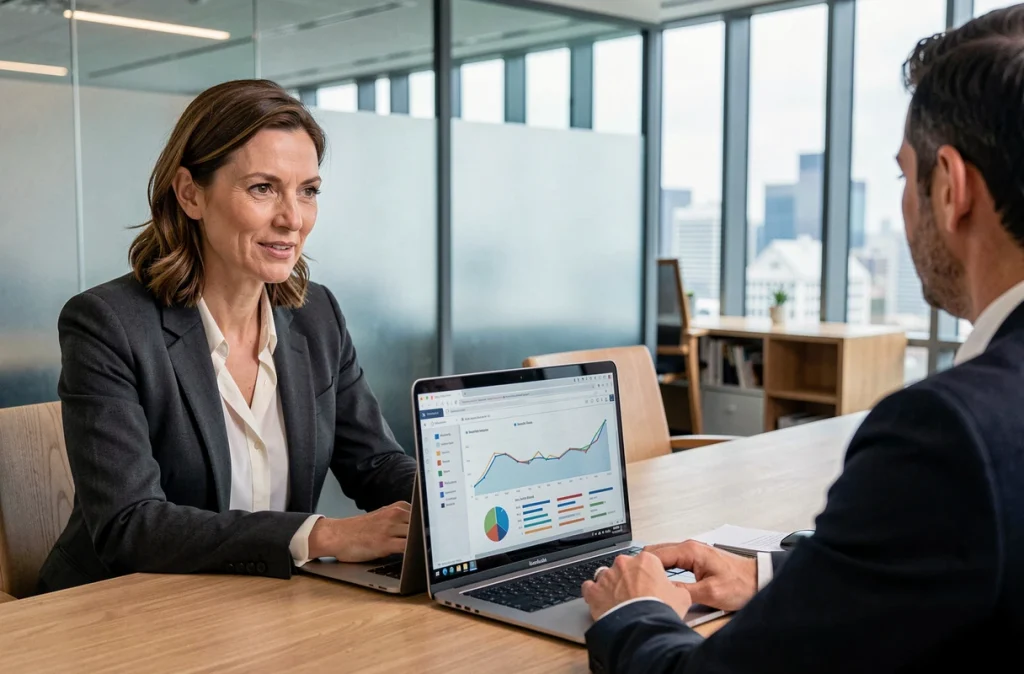 Une femme consultant un conseiller fiscal dans un bureau moderne pour réduire légalement ses impôts en France