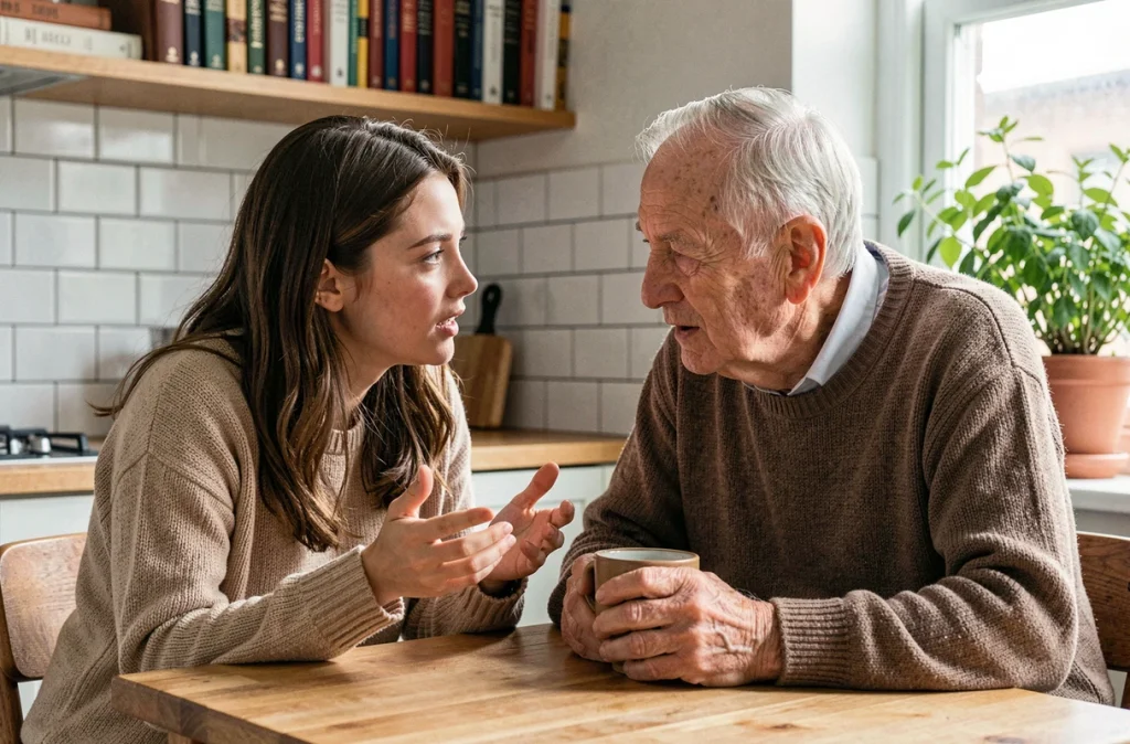Jeune femme et son grand-père partageant une conversation intime autour d'une tasse de café dans une cuisine urbaine