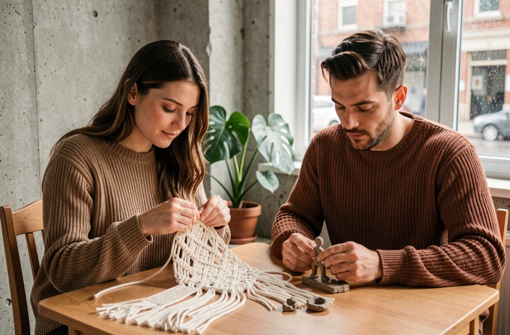 Couple réalisant des activités manuelles ensemble, macramé et modelage d'argile, dans un appartement cosy pendant un dimanche pluvieux