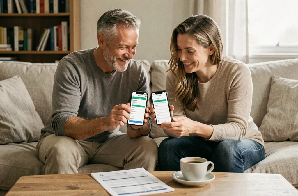 Couple comparant des applications bancaires sur smartphones pour optimiser leurs finances et réduire les frais