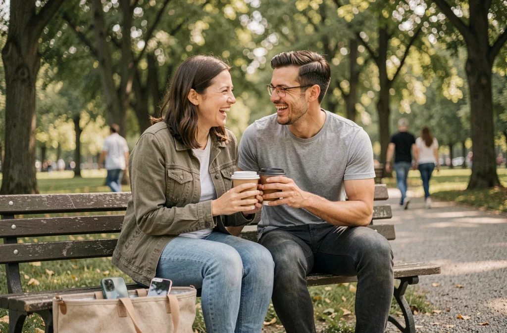 Un couple range ses smartphones dans un sac pour profiter d'un moment complice sur un banc de parc, illustrant la déconnexion volontaire et le partage authentique