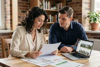 Un couple étudie des documents immobiliers sur une table en bois dans leur appartement, préparant leur premier achat immobilier
