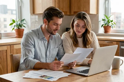 Couple examinant des documents financiers ensemble à une table en bois pour ouvrir un compte joint