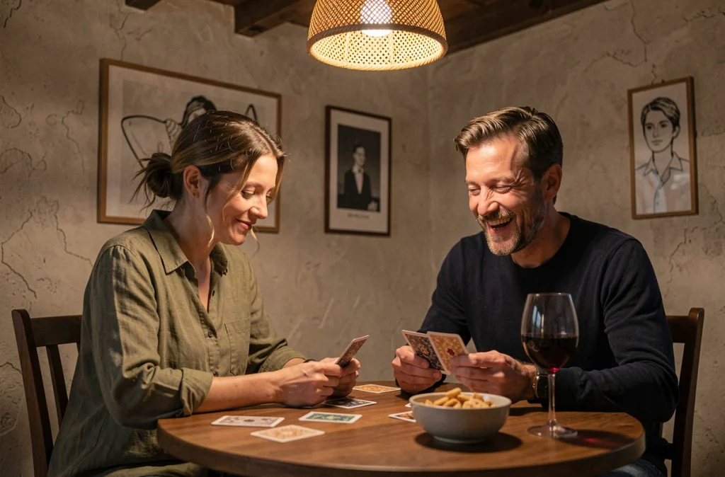 Couple jouant aux cartes ensemble le soir autour d'une table, moment de détente et de connexion en couple