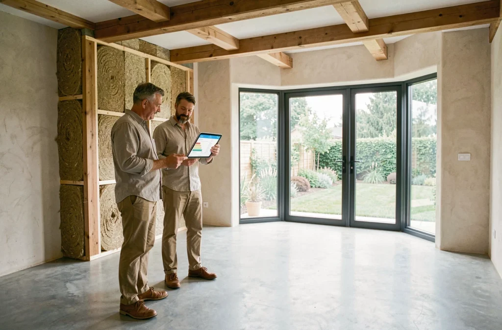 Couple découvrant le certificat de performance énergétique de leur nouvelle maison passive à ossature bois