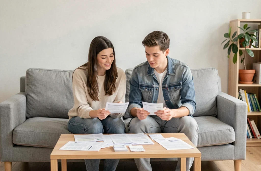 Jeune couple examinant ensemble des relevés bancaires et des factures pour planifier leurs économies mensuelles dans un salon moderne