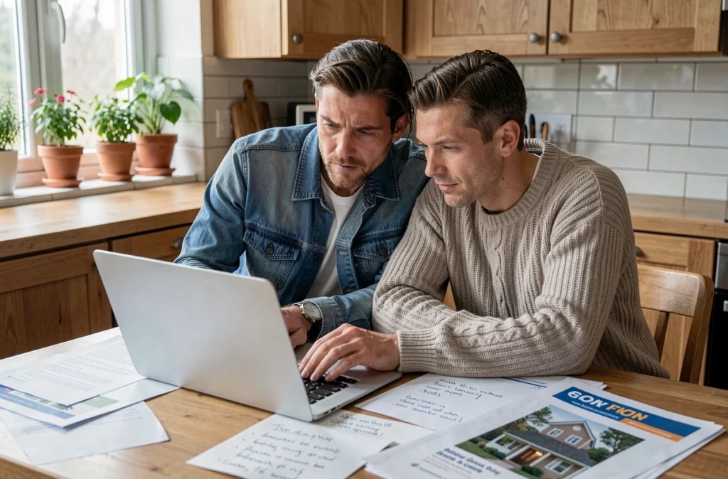 Couple étudiant une plateforme d'enchères immobilières en ligne depuis leur cuisine avec des brochures de propriétés