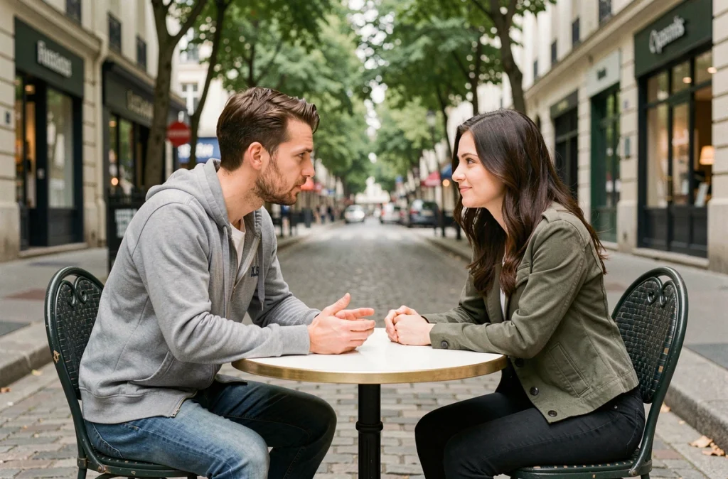 Couple assis en terrasse de café à Paris lors d'une réconciliation amoureuse touchante et sincère