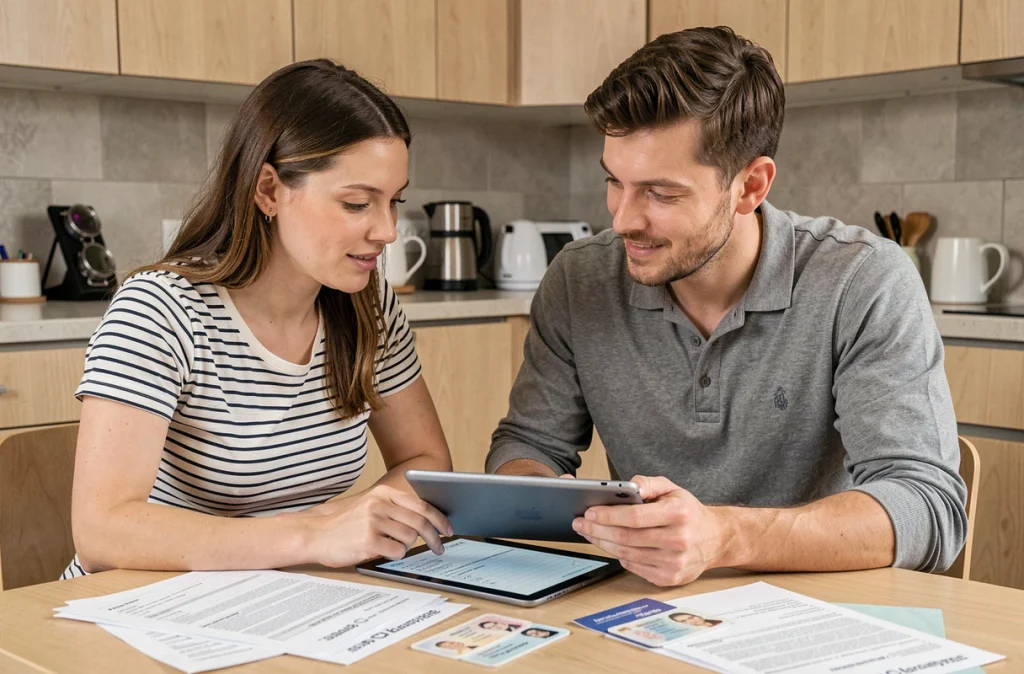Couple vérifiant ensemble leur dossier de location avec des documents et une tablette sur la table de cuisine