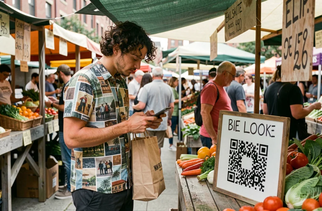 Jeune homme payant en cryptomonnaie via QR code sur un marché de producteurs en plein air