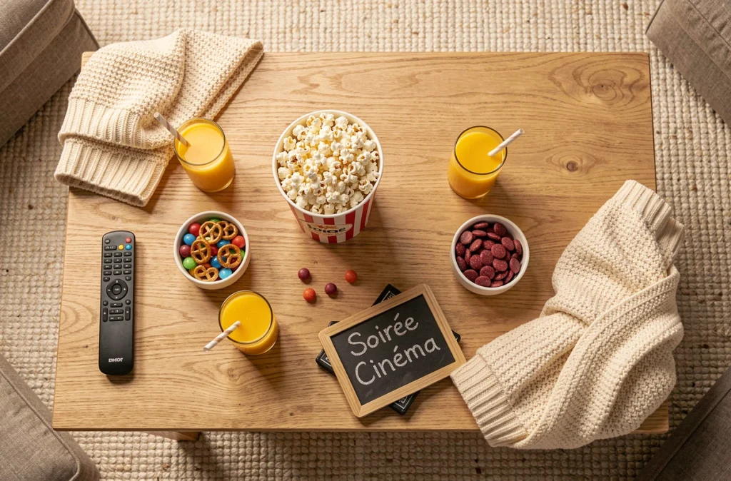Table basse décorée pour une soirée cinéma maison avec popcorn, bonbons et accessoires