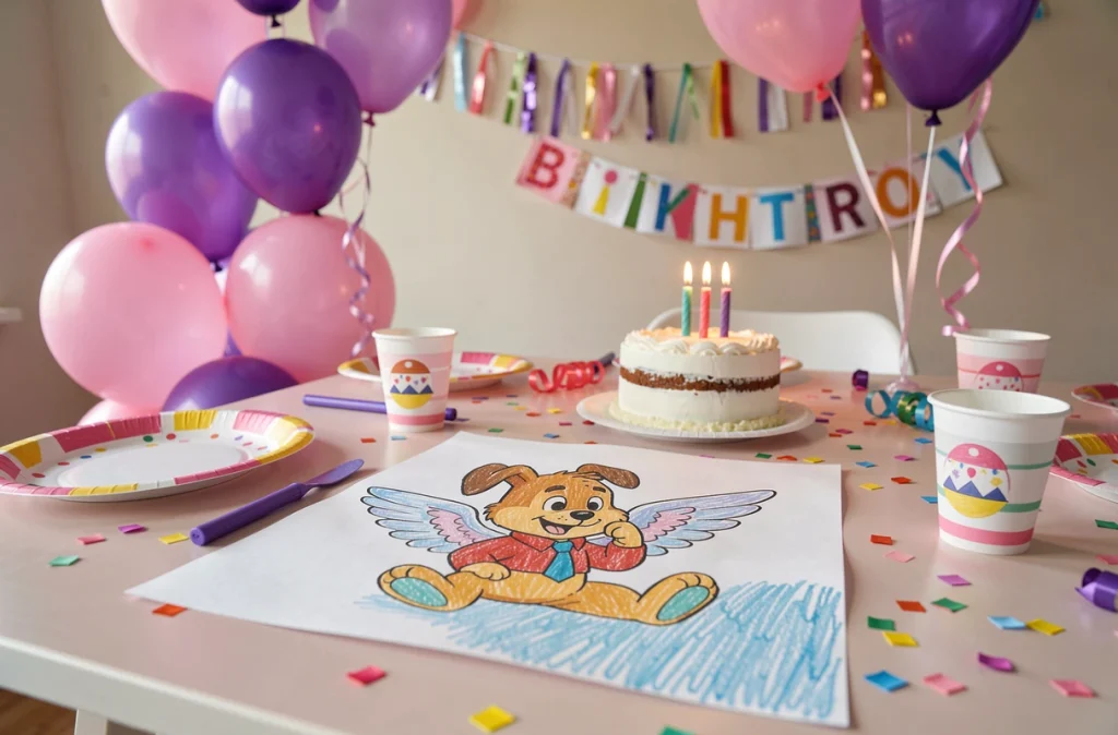 Dessin de Stella de Pat Patrouille posé sur une table d'anniversaire décorée de ballons roses et violets