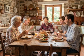Famille multigénérationnelle autour d'une grande table en bois dans une cuisine de ferme française, échangeant animement lors d'un repas partagé