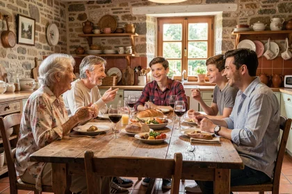 Famille multigénérationnelle autour d'une grande table en bois dans une cuisine de ferme française, échangeant animement lors d'un repas partagé
