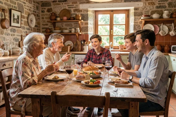 Famille multigénérationnelle autour d'une grande table en bois dans une cuisine de ferme française, échangeant animement lors d'un repas partagé