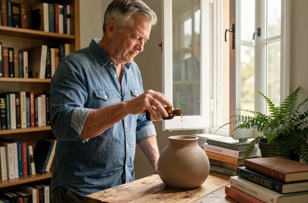 Homme ajoutant des huiles essentielles dans un diffuseur céramique posé sur un bureau en bois dans un bureau à domicile naturel et lumineux