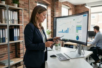 Dirigeante de PME analysant des tableaux de bord numériques sur un grand écran incurvé dans un bureau moderne, illustrant la digitalisation des petites et moyennes entreprises