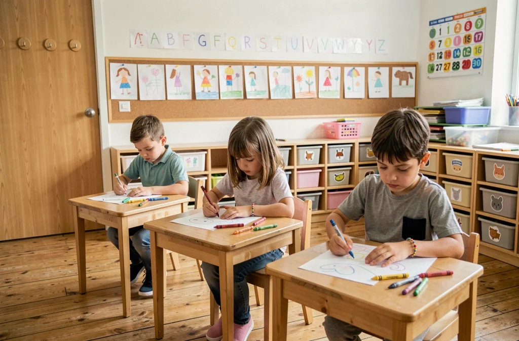 Groupe d'élèves de maternelle concentrés sur un dessin lors de leur première journée de classe dans une salle colorée