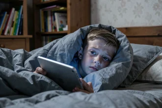 Enfant de 8 ans couché dans son lit tenant une tablette numérique tard le soir, illustrant l'impact des écrans sur le sommeil des enfants