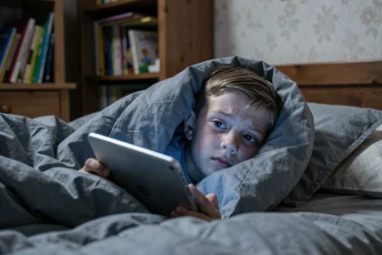 Enfant de 8 ans couché dans son lit tenant une tablette numérique tard le soir, illustrant l'impact des écrans sur le sommeil des enfants