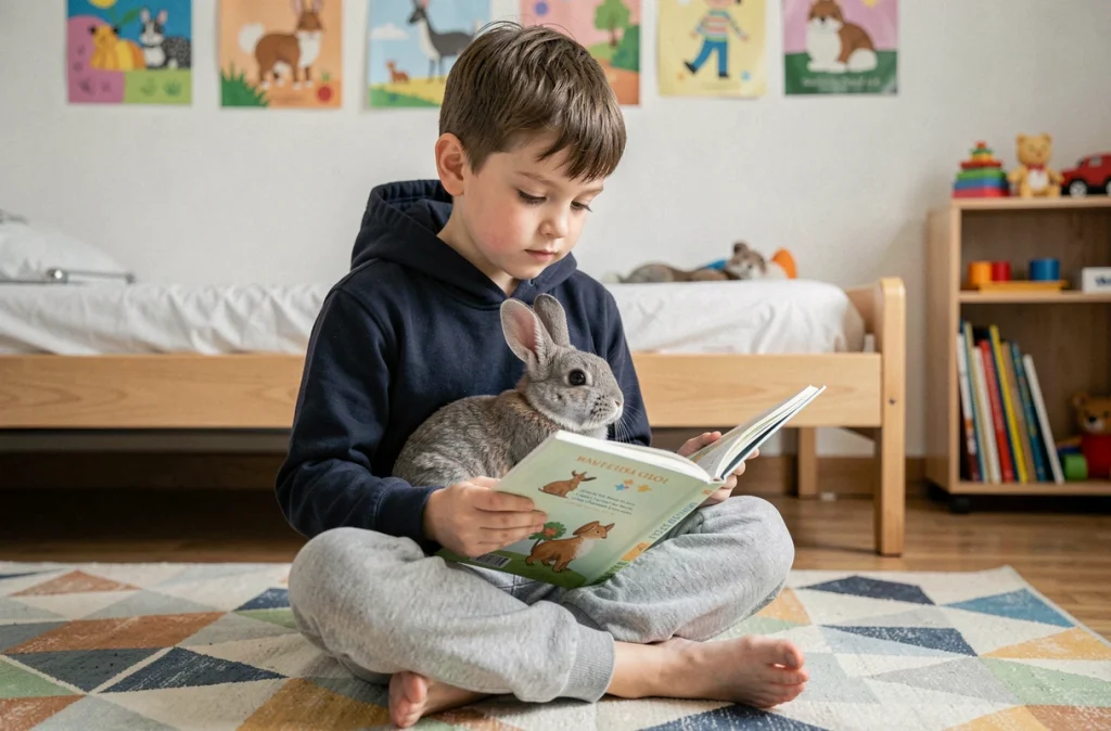 Enfant apprenant à s'occuper de son lapin domestique dans sa chambre confortable