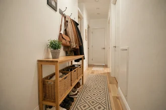 Entrée d'appartement bien organisée avec console en bois, crochets muraux et paniers en osier pour ranger chaussures et manteaux