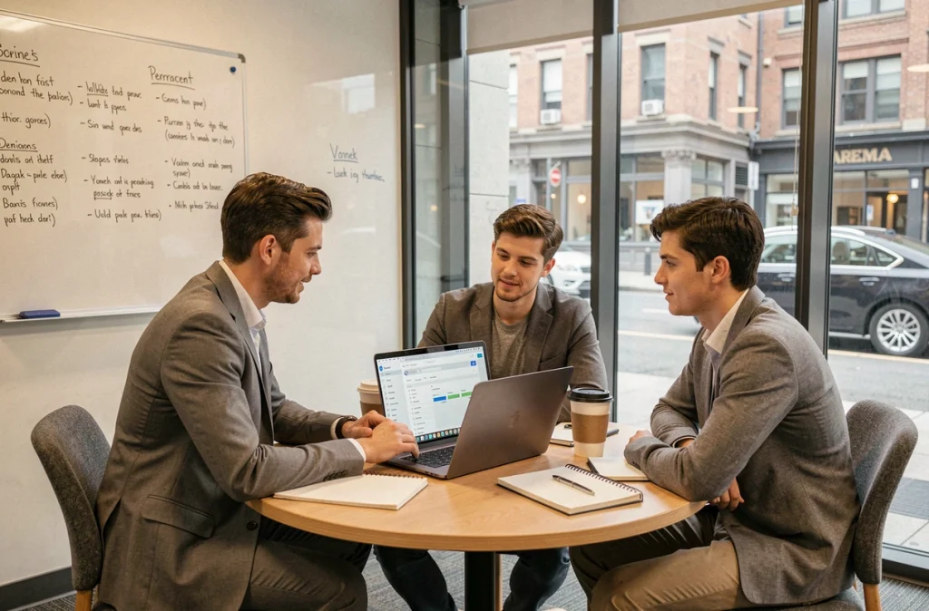 Équipe de PME collaborant autour d'un outil de gestion de projet en ligne dans une salle de réunion d'espace de coworking, symbolisant la transformation numérique des entreprises