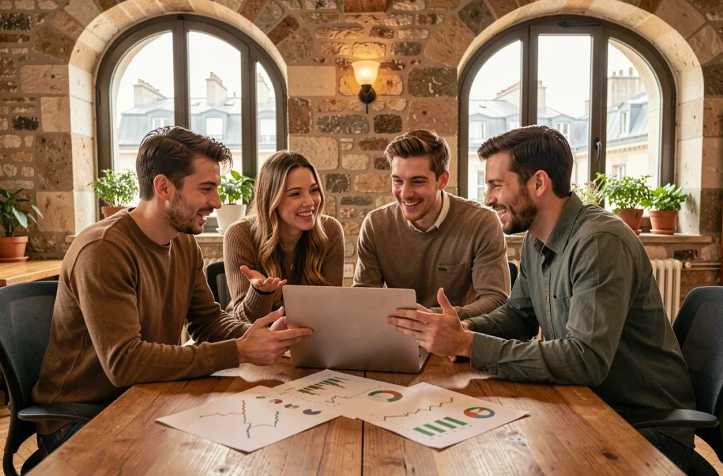 Équipe multiculturelle d'une start-up française collaborant autour de données financières dans un loft parisien rénové