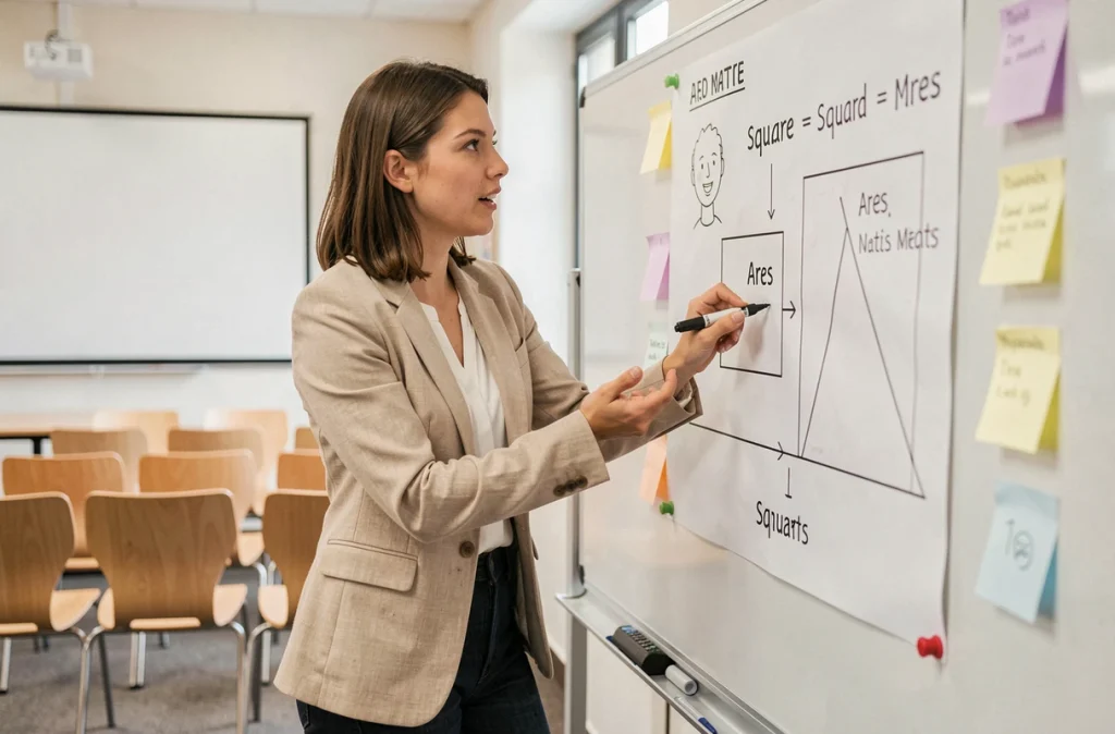 Femme expliquant la conversion entre mètres carrés et ares sur un tableau éducatif en salle de classe