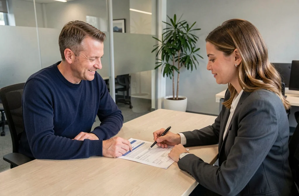 Salarié et responsable RH examinant ensemble une fiche de paie dans un bureau d'entreprise
