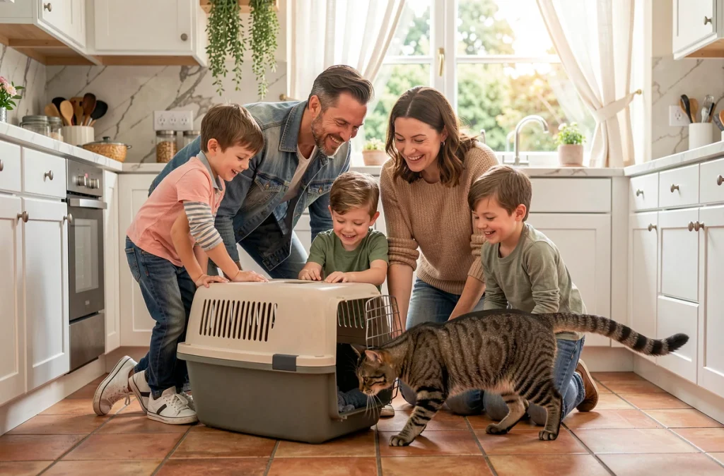 Famille accueillant un chat tabby sortant de sa caisse de transport dans une cuisine lumineuse