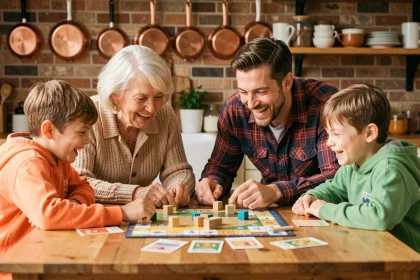 Famille multigénérationnelle jouant à un jeu de société autour d'une table en bois, renforçant les liens familiaux