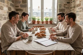 Famille française autour d'une table avec un calendrier ouvert, planifiant les longs week-ends des jours fériés 2026