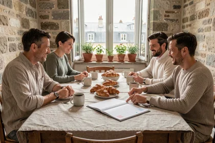 Famille française autour d'une table avec un calendrier ouvert, planifiant les longs week-ends des jours fériés 2026