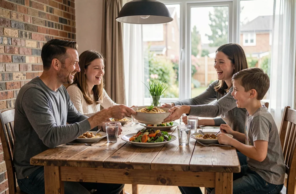 Famille réunie autour d'un repas équilibré fait maison avec pâtes complètes et légumes rôtis