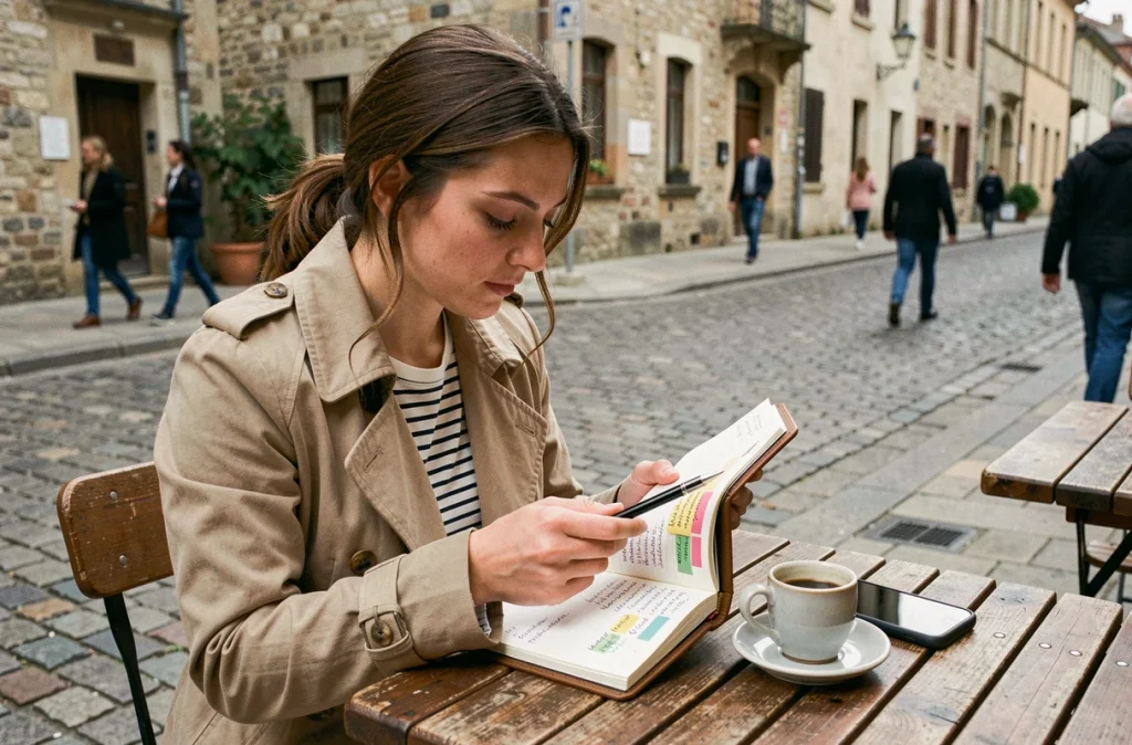 Jeune femme consultant son agenda dans un café de province pour optimiser les ponts des jours fériés 2026