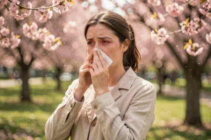 Femme souffrant d'allergies saisonnières dans un parc en fleurs au printemps, se mouchant entourée de pollen visible dans l'air