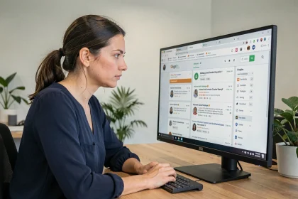 Femme professionnelle analysant des résultats de sites web sur un écran d'ordinateur pour identifier la bonne plateforme selon son intention