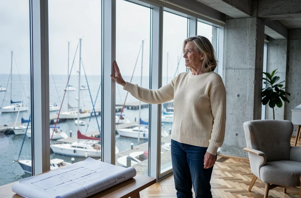 Femme regardant par la fenêtre d'un appartement côtier récemment acquis comme résidence secondaire avec vue sur un port de plaisance