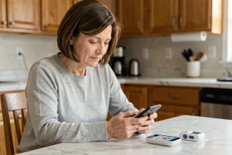Femme de 40 ans consultant une application mobile de suivi du diabète sur son smartphone dans une cuisine moderne avec un lecteur de glycémie posé à côté