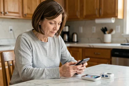 Femme de 40 ans consultant une application mobile de suivi du diabète sur son smartphone dans une cuisine moderne avec un lecteur de glycémie posé à côté